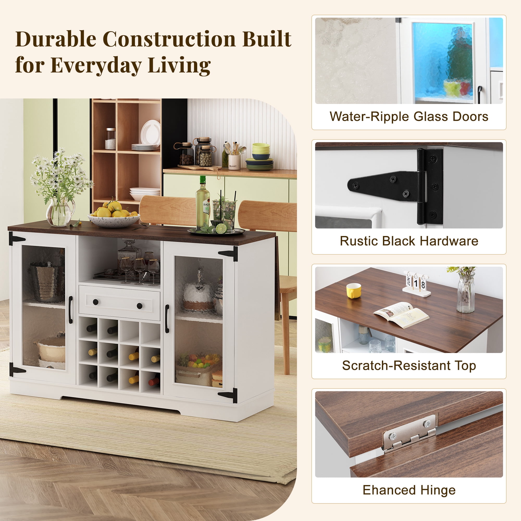 Euroco Coffee Bar Cabinet with Drop Leaf, Liquor Wine Bar Cabinet with LED Lights,Glass Doors,12 Wine Racks,1 Drawer & Open Shelf,Farmhouse Kitchen Cabinet for Dining Room,Walnut+White