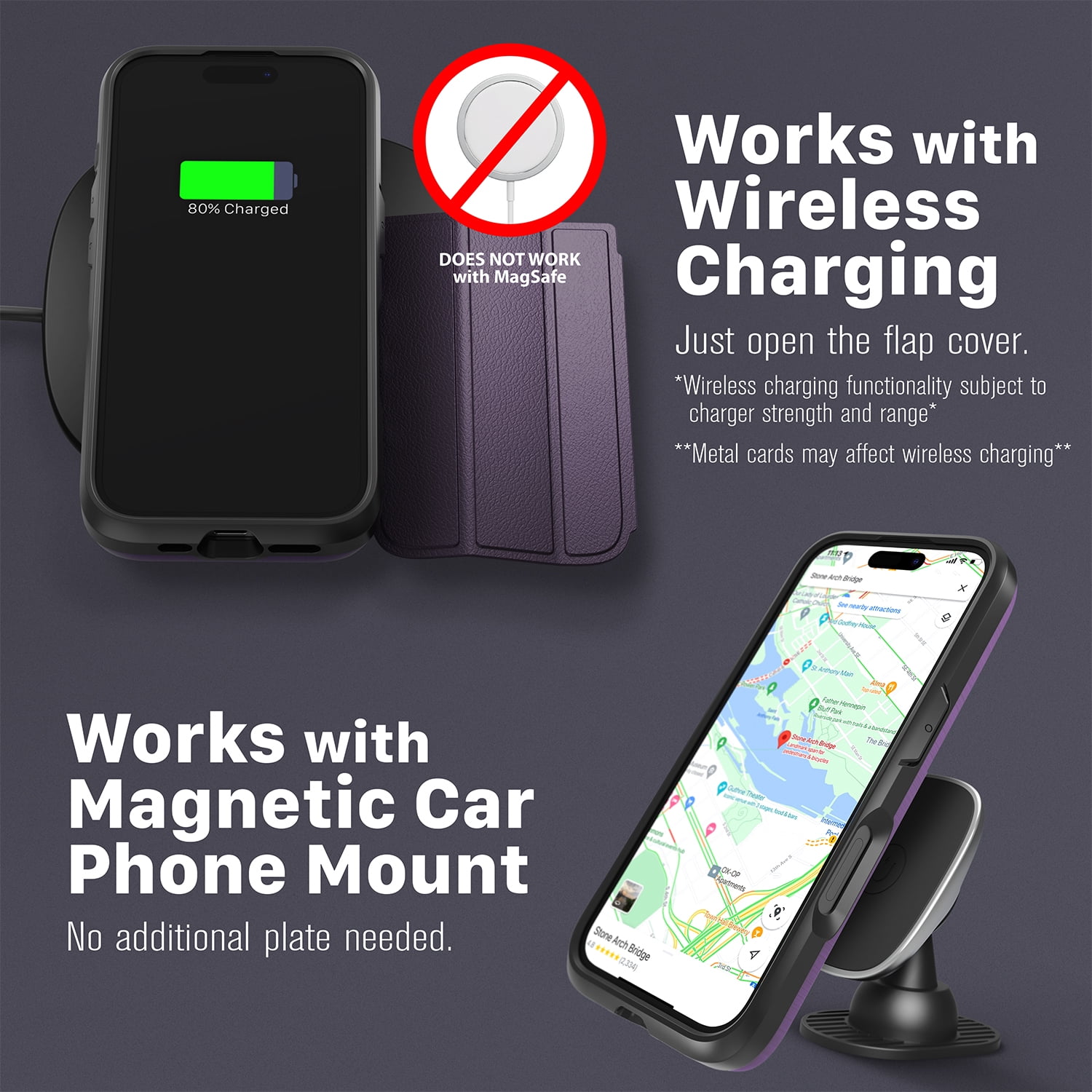 Vena vCommute Wallet Case Compatible with Apple iPhone 16 Pro (6.3"), (Military Grade Drop Protection) Flip Leather Cover Card Slot Holder with Kickstand - Deep Purple/ Black