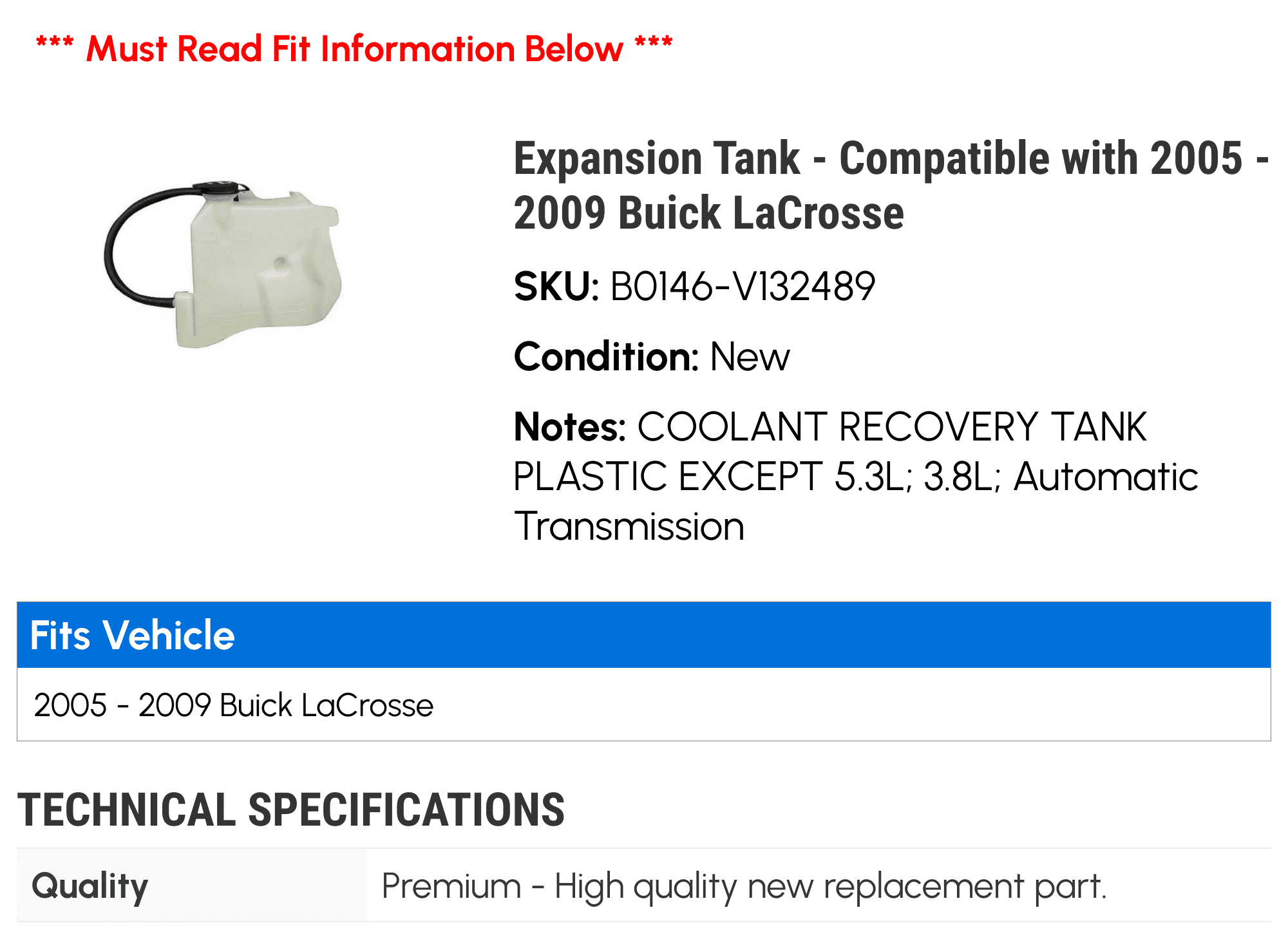 Expansion Tank - Compatible with 2005 - 2009 Buick LaCrosse 2006 2007 2008