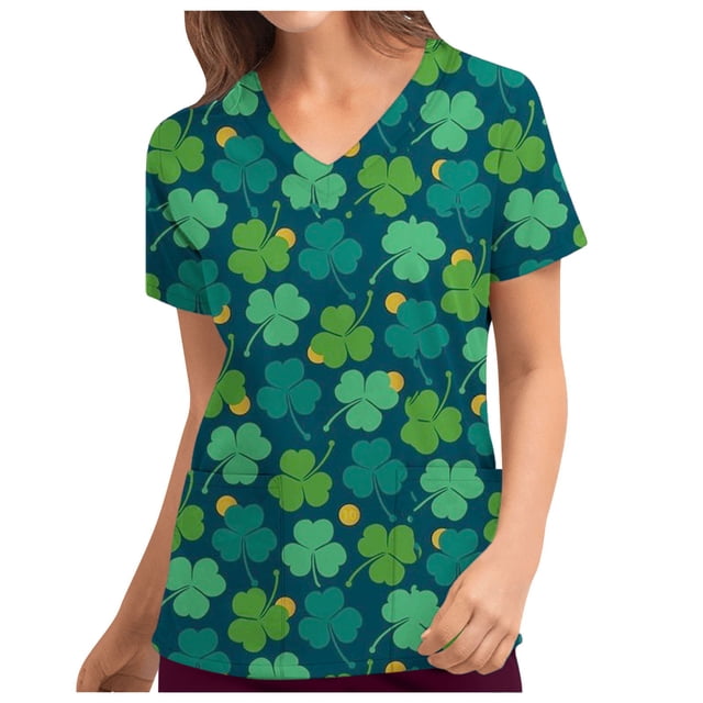 LSLJS Blouse de Travail à Manches Courtes pour Femmes, Imprimé Œuf de Pâques et Lapin, Col en V, avec Poches