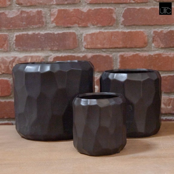 Vara Embossed White Ceramic Planter Pots Set of 3 – Decorative Indoor Plant Pots for Living Room, Office & Home Décor -Black