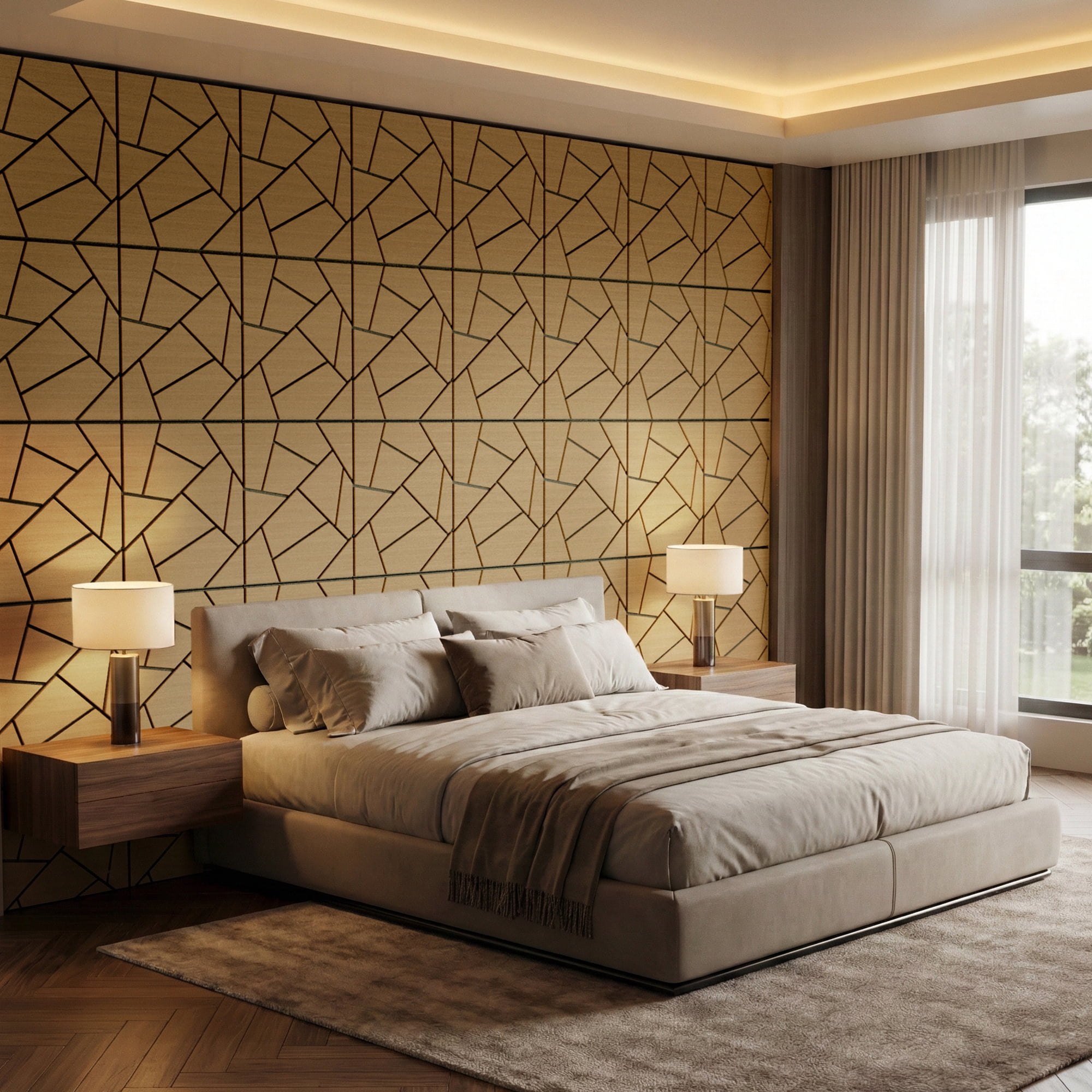 Fahomiss Abstract Geometric Acoustic Wood Slat Wall Tiles 4-Pack 24"x24", 3D Panel, Walnut