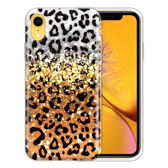 FINCIBO Soft TPU Clear Case Slim Protective Cover for Apple iPhone XR 6.1", Yellow Glitter Black/White Leopard & Black/Yellow Leopard