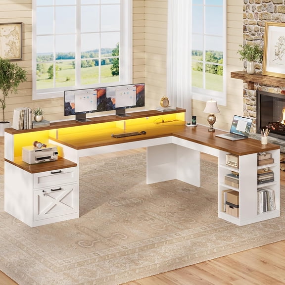 SEDETA L Shaped Desk with 2 Drawers, 65"x 59" Large Home Office Desk with Lockable File Drawer & Power Strip, Corner Desk with Storage & LED Strip, White Brown