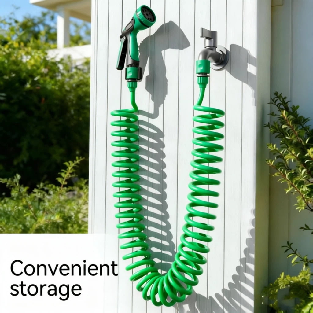 Retractable Garden Hose 50 FT, EVA Flexible Curly Water Pipes with 7-Pattern Spray Nozzle for Boat, Greenhouse, Yard, Patio, Green