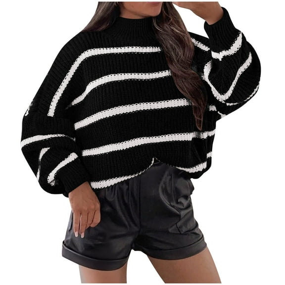 2025 Women's Oversized Turtleneck Striped Pullover Sweaters Cowl Neck Long Sleeve Winter Loose Chunky Knit Sweater