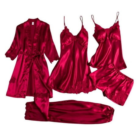 

Fantadool Spring Women V-Neck Sleepwear Simple Solid Color Flower Printed Five Pieces Of Pajamas Nightwear