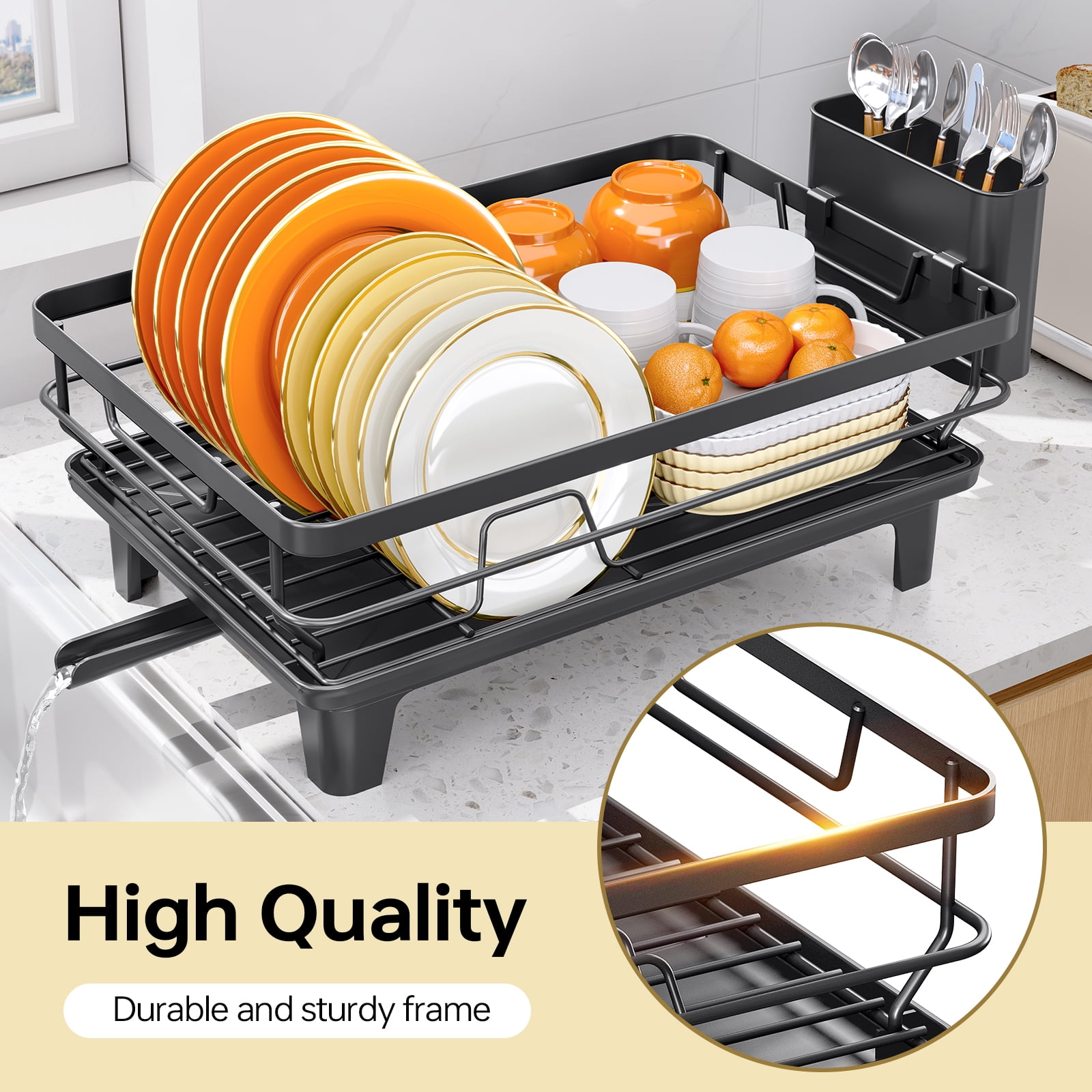 KINGRACK Dish Drying Rack, Large Dish Rack with Drainboard and Cup & Utensil Holders, Stainless Steel, Over Sink or Counter, Black