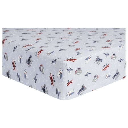 UPC: 0846216064944 | Trend Lab Sky Traveler Deluxe Flannel Fitted Crib Sheet. Sheet Is 100% Cotton in Red Blue and Gray and features 10- Inch Deep Pockets. Fits a Standard Crib Mattress.