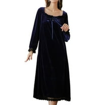 Defitshape Women's Warm Long Sleeve Nightgown Tea Length NightdressVelvet Sleep Dress Vintage Lace Pleated Navy Small