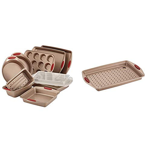 Rachael Ray 57113 Cucina Nonstick Bakeware Set with Grips 2 Piece Latte Brown with Cranberry Red Handle Grips Nonstick Cookie Sheet / Baking Sheet with Crisper Pan