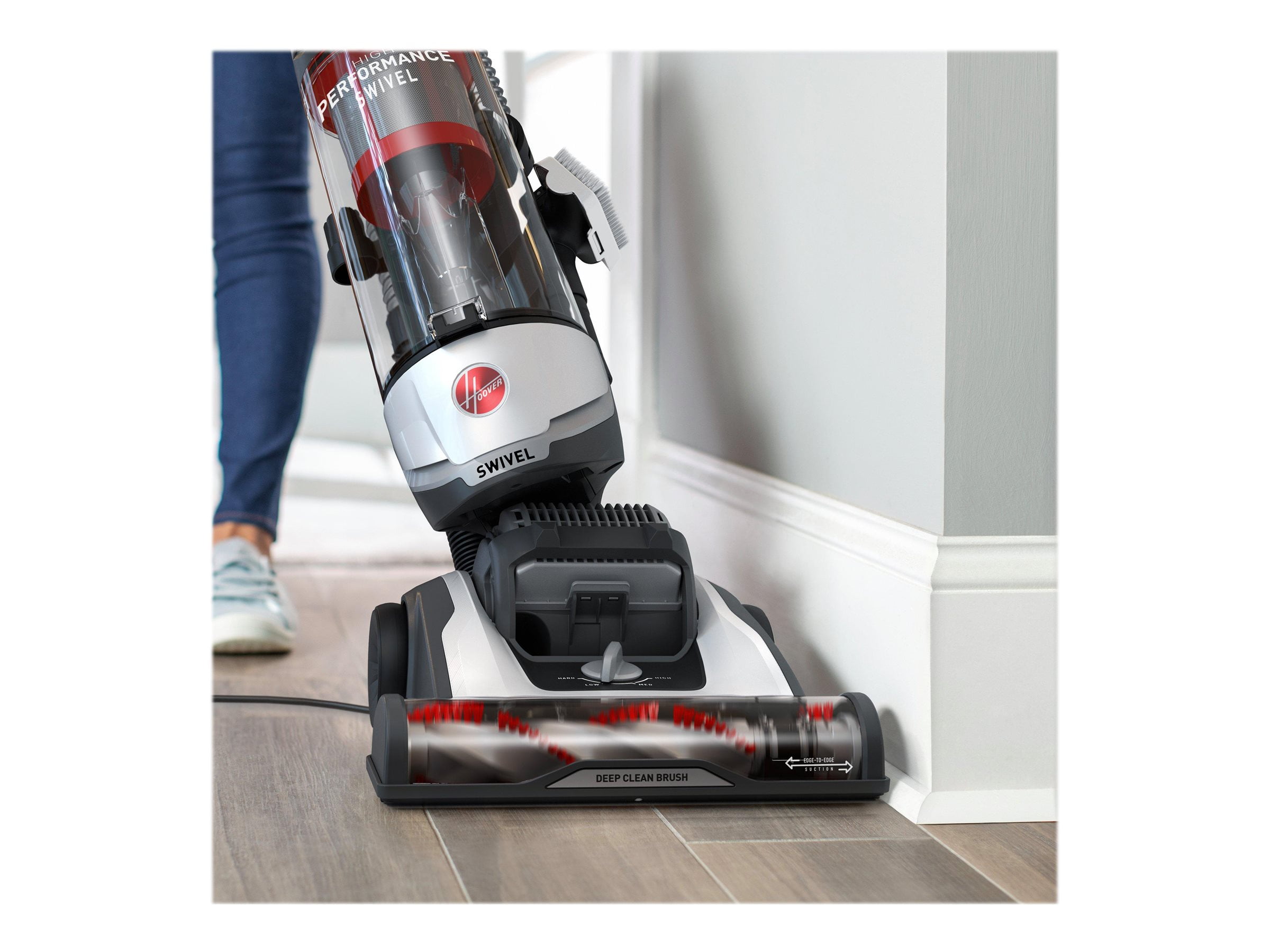 Hoover Bagless Upright Vacuum, High Performance, Pet Friendly, Swivel Design, with Dusting Brush, Extension Wand, HEPA Filter, Crevice & Upholstery Tool, 110 V Red/Grey