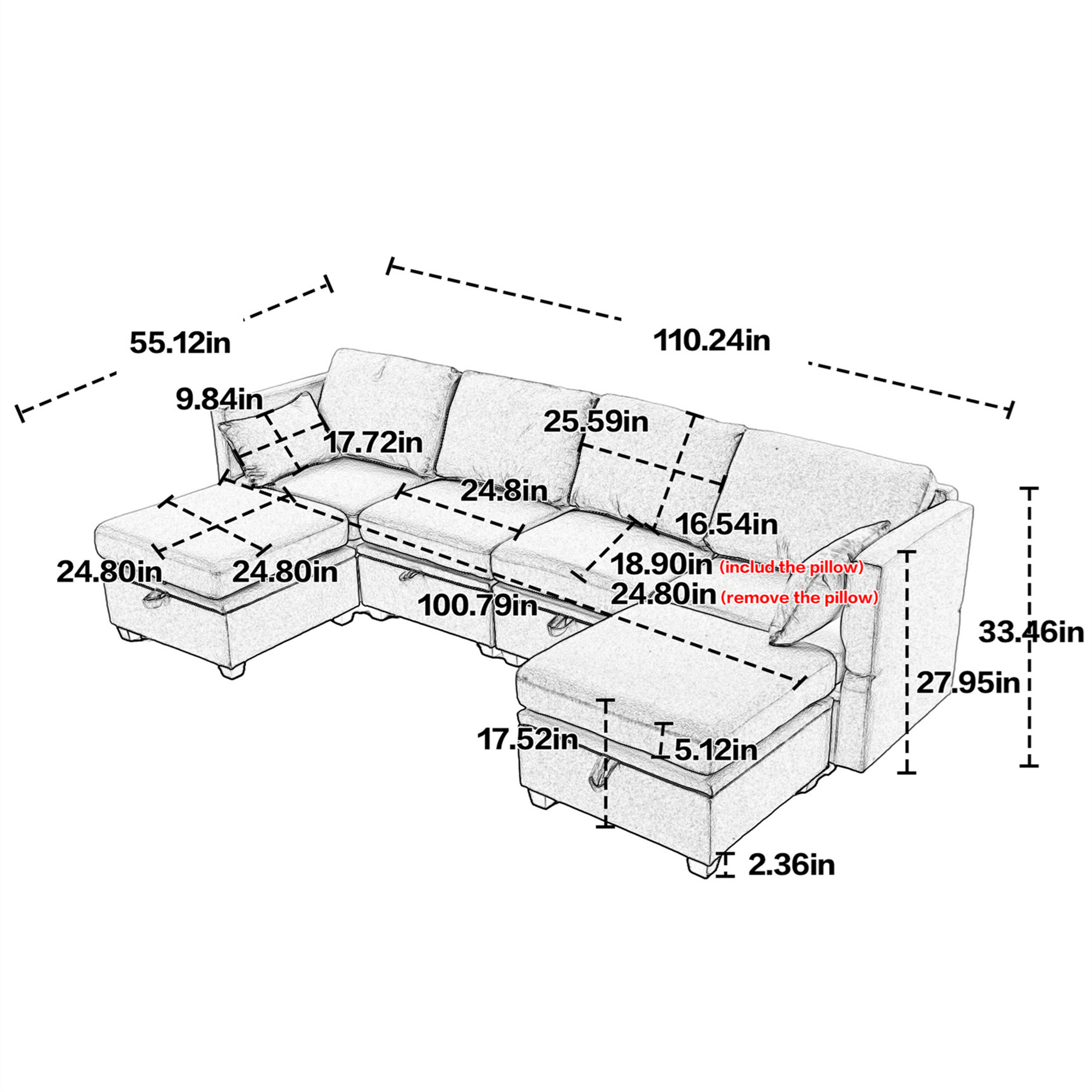 Aukfa 110" Linen Storage Sectional Couch for Living Room, Modular Sleeper Sofa U-shaped sofa, Olive
