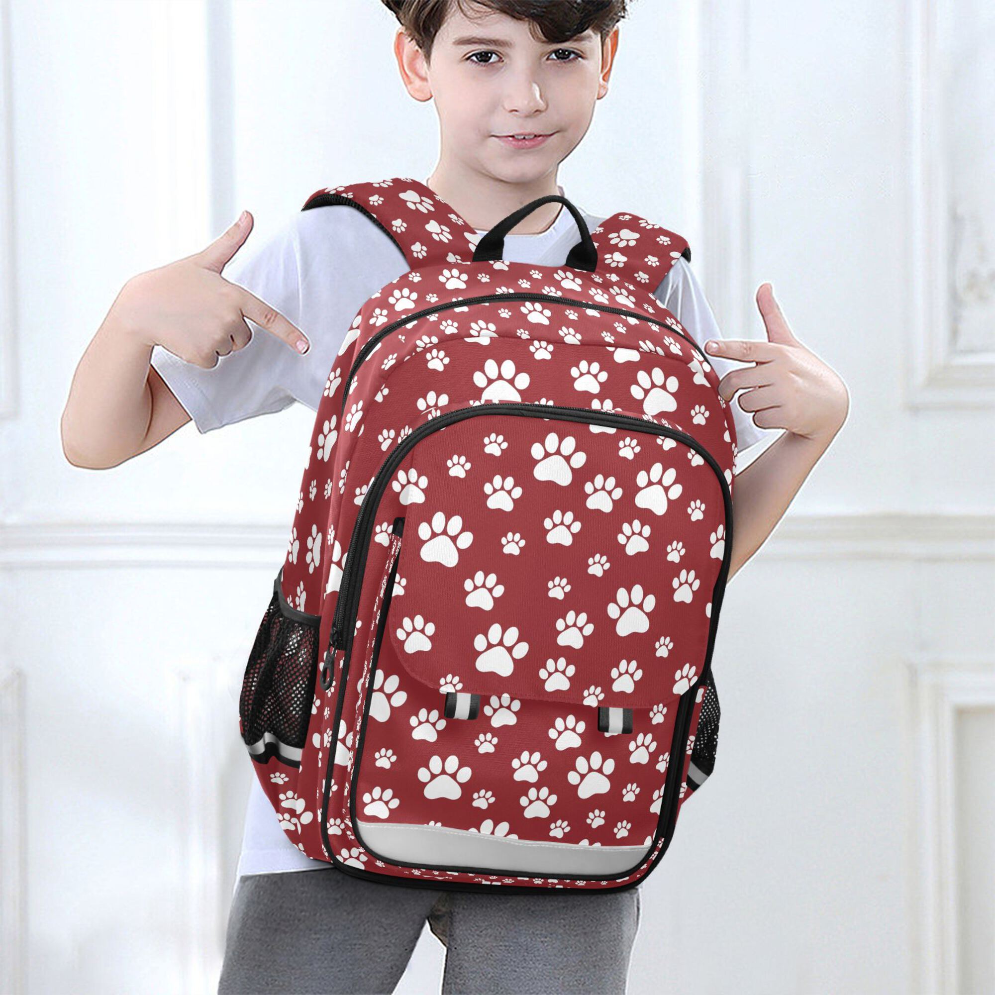 Mochila para niños para la escuela unisex 17" casual con compartimentos, estampado rojo de patitas de dibujos animados 6