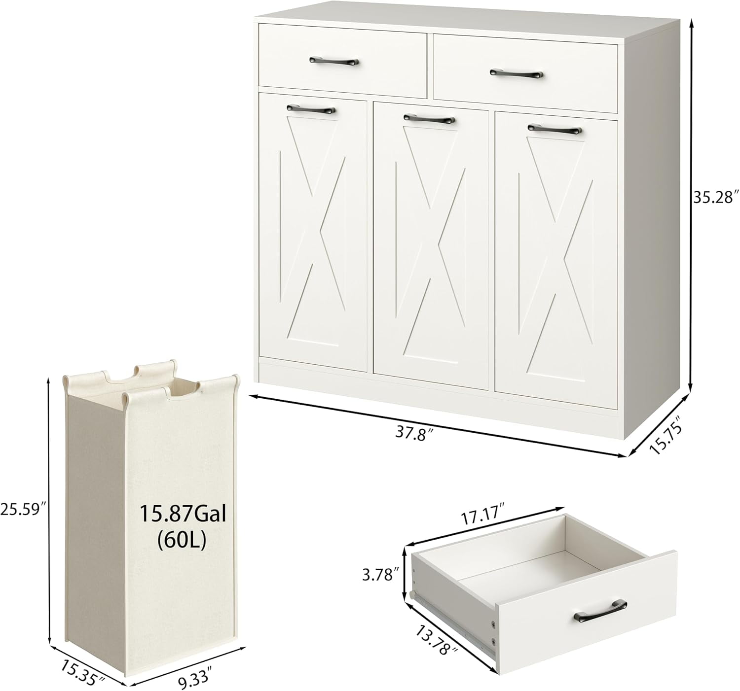 Laundry Hamper Cabinet, Laundry Basket 3 Section with 2 Storage Drawers, Laundry Sorter with Pull-Out Removable Large Bags, 3 x 15.87 Gallons (60L), for Laundry Room Bathroom, White YL01XLW
