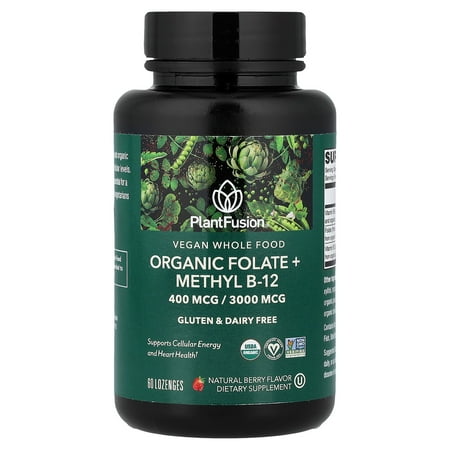 PlantFusion Vegan Whole Food, Organic Folate + Methyl B12, Natural Berry, 60 Lozenges