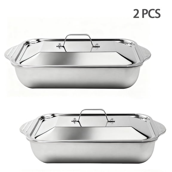 2 Pack Stainless Steel Baking Pans with Lid, 2.9'' Deep Rectangle Baking Roasting Pans