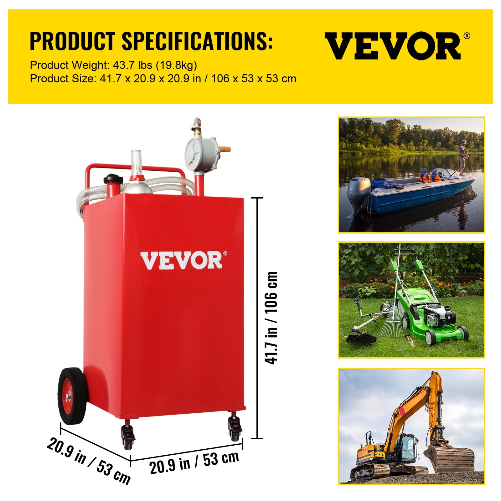 VEVOR 35 Gallon Gas Caddy Fuel Storage Tank with 4 Wheels, Portable Diesel & Gasoline Container with Manual Rotary Pump For Cars