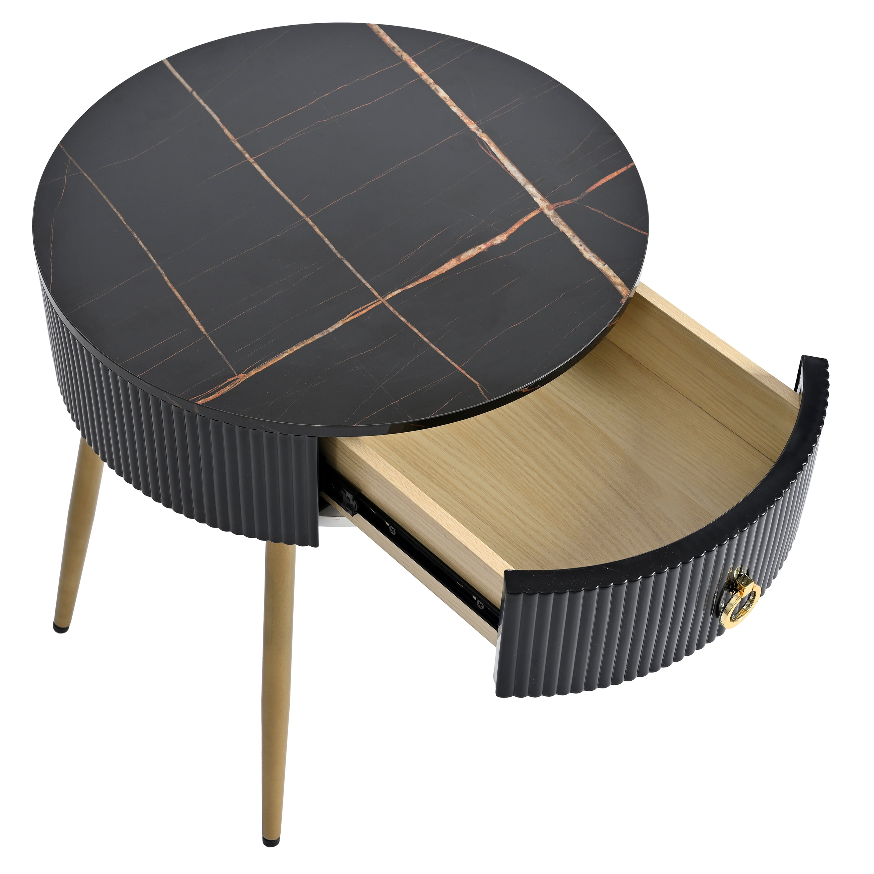 EUROCO 2-Piece 19.6" Round Coffee Table Set, End Tables with High Gloss Faux Marble Tabletops,Modern Fluted 2 Side Tables with Drawers and Golden Legs for Living Room, Black