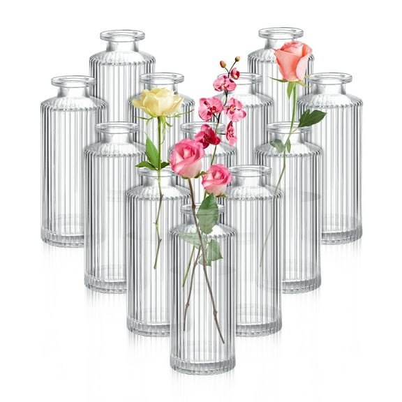 Bocaoying 12 Pack Glass Bud Vase, Small Flower Vase in Bulk, Vertical Stripes Bottles Ribbed, Clear Vases for Flower, Centerpiece Decorative Vases for Home Wedding Bridal Shower Decor