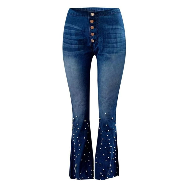 Women's High Rise Classic Button Flare Jeans Bell Bottom Raw Hem Denim  Pants Sexy Stretchy Boot Cut Wide Leg Trousers 