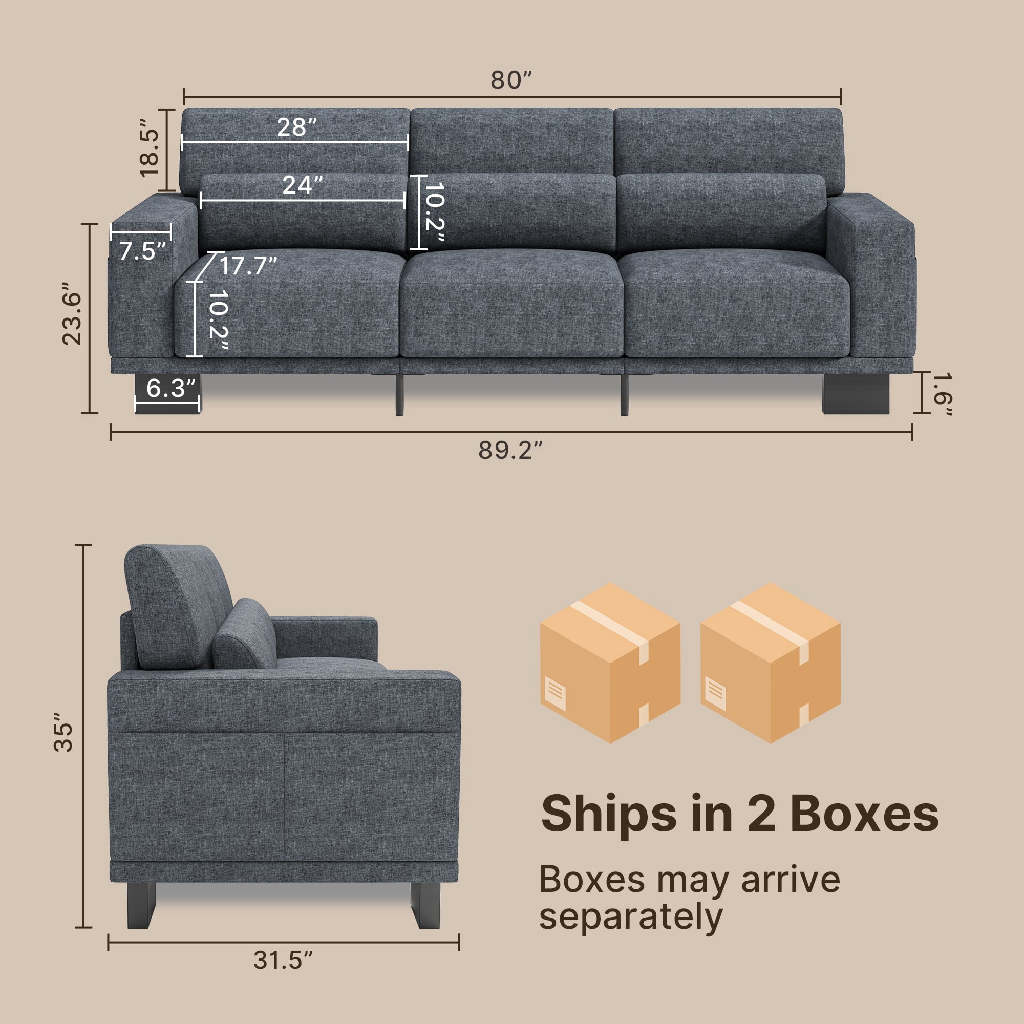 Aiho 89" Chenille Sofa 3-Seater, Pet Friendly Deep Seat Modern Couch with Wide Armrests for Living Room, Dark Gray