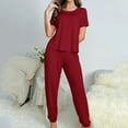 thumbnail image 4 of cfhntfmh Lounge Sets for Women Solid Knit Womens Pajama Sets 2 Piece Pjs Sets with Drawstring Short Sleeve Top Long Pant, 4 of 5