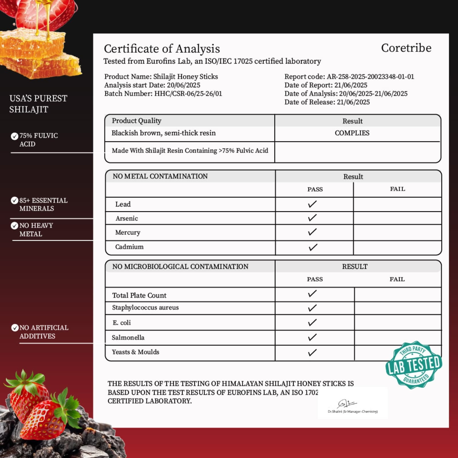 CoreTribe® Shilajit Resin, Strawberry Honey Sticks—Energy, Immunity, Fulvic Acid Men and Women 30 Sticks