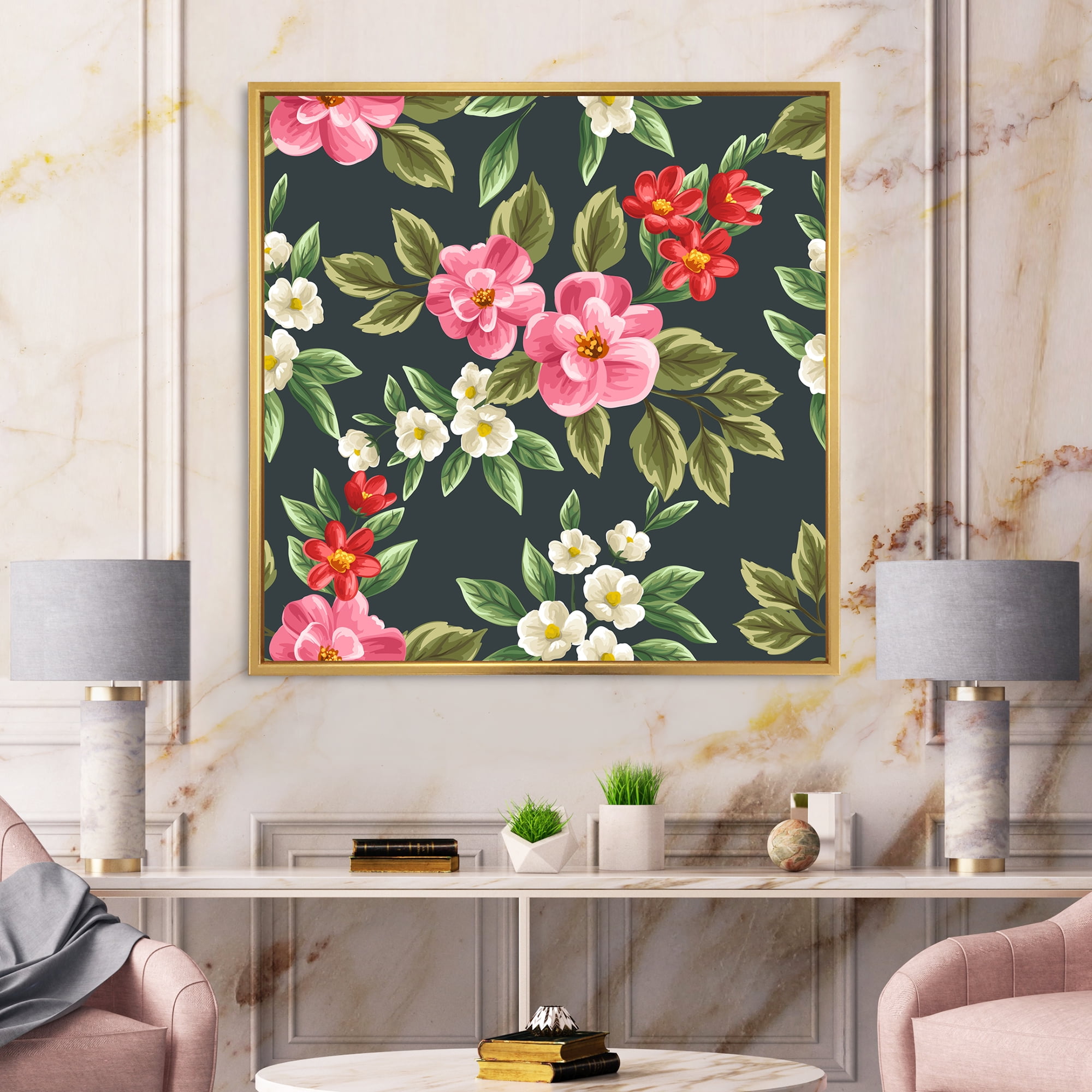 Vintage Red and Pink Wildflowers II 16 in x 16 in Framed Painting Canvas Art Print, by Designart