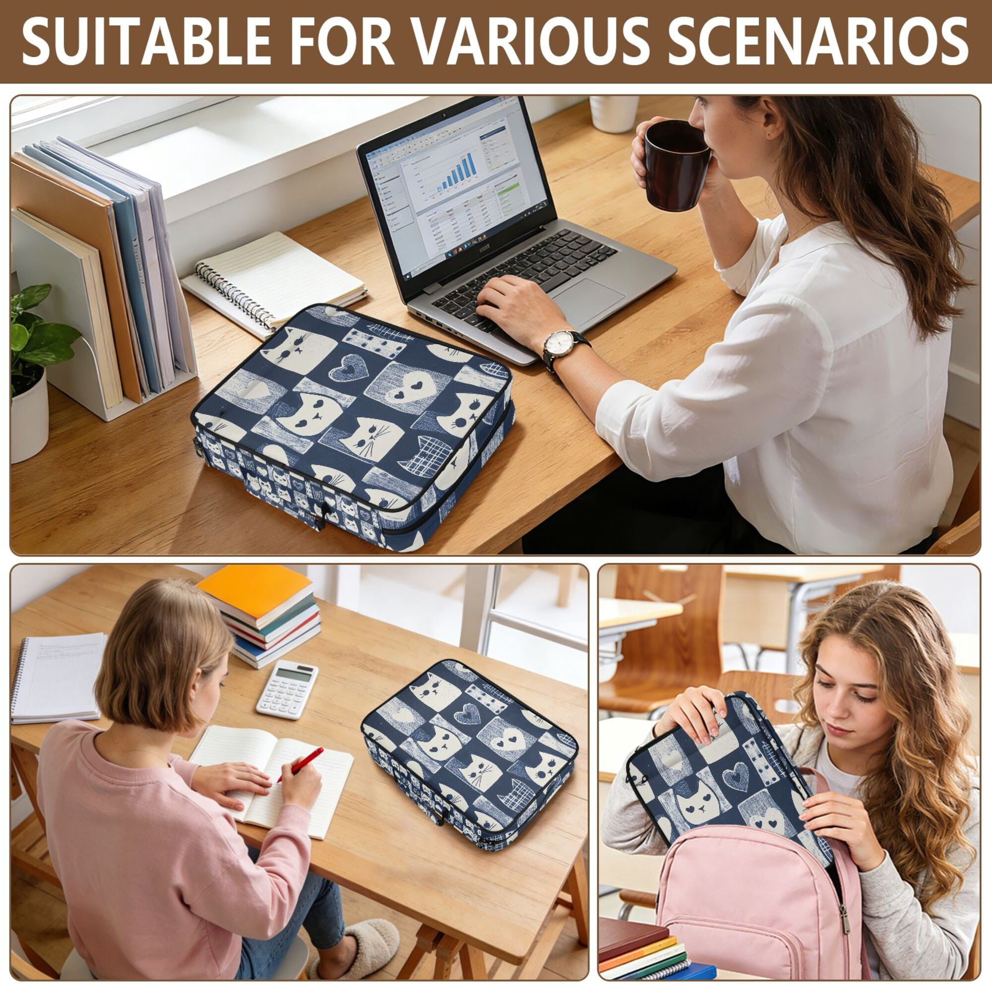 FORMRS Accordion File Folder A4 Size 7-Pocket Expanding Document Organizer Bag with 3 Ring Binder, Blue Cats and Hearts