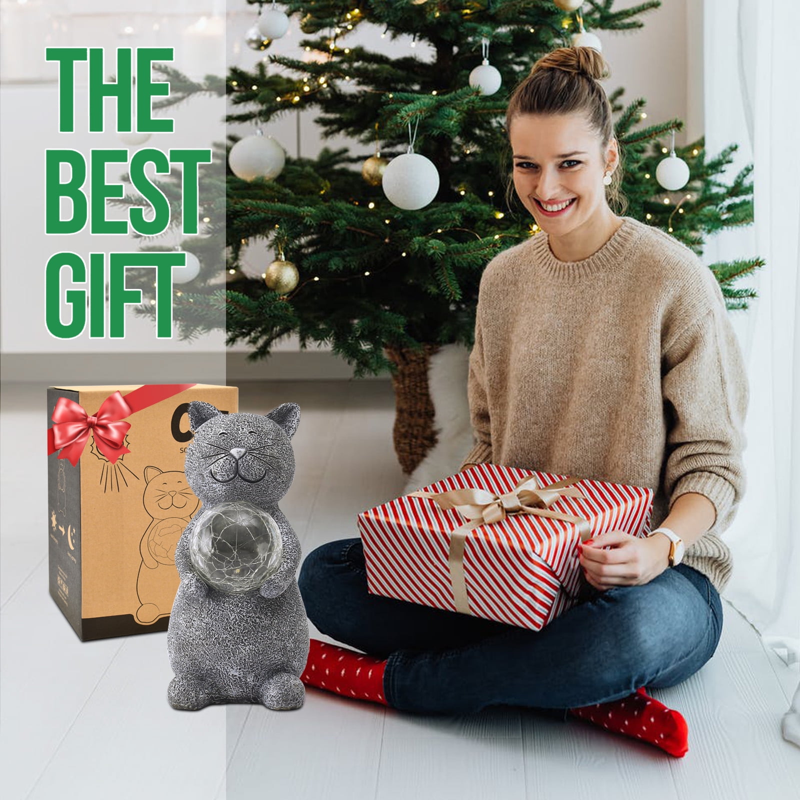Goodeco Cat Statue Garden Decor Solar Powered LED Lights - Cats Figurines with Gazing Solar Ball Decorations for Patio Lawn Yard Decor - Gifts for Women/Mom Birthday Grey