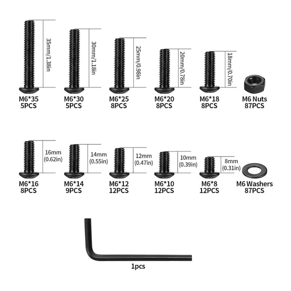 GHRTGR-261 Pcs M6 Machine Screw Assortment Kit, M6 Metric Bolts and Nuts Assortment, Assorted Hex Socket Button Head Cap Screws and Nuts and Washers Kit, Black Hex Nuts and Bolts and Washers Set