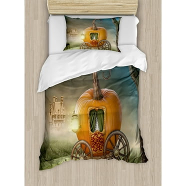 Kids Decor Twin Size Duvet Cover Set, Abstract Fairytale Image with Orange Pumpkin Light Scenery Princess Ella Image, Decorative 2 Piece Bedding Set with 1 Pillow Sham, Multicolor, by Ambesonne