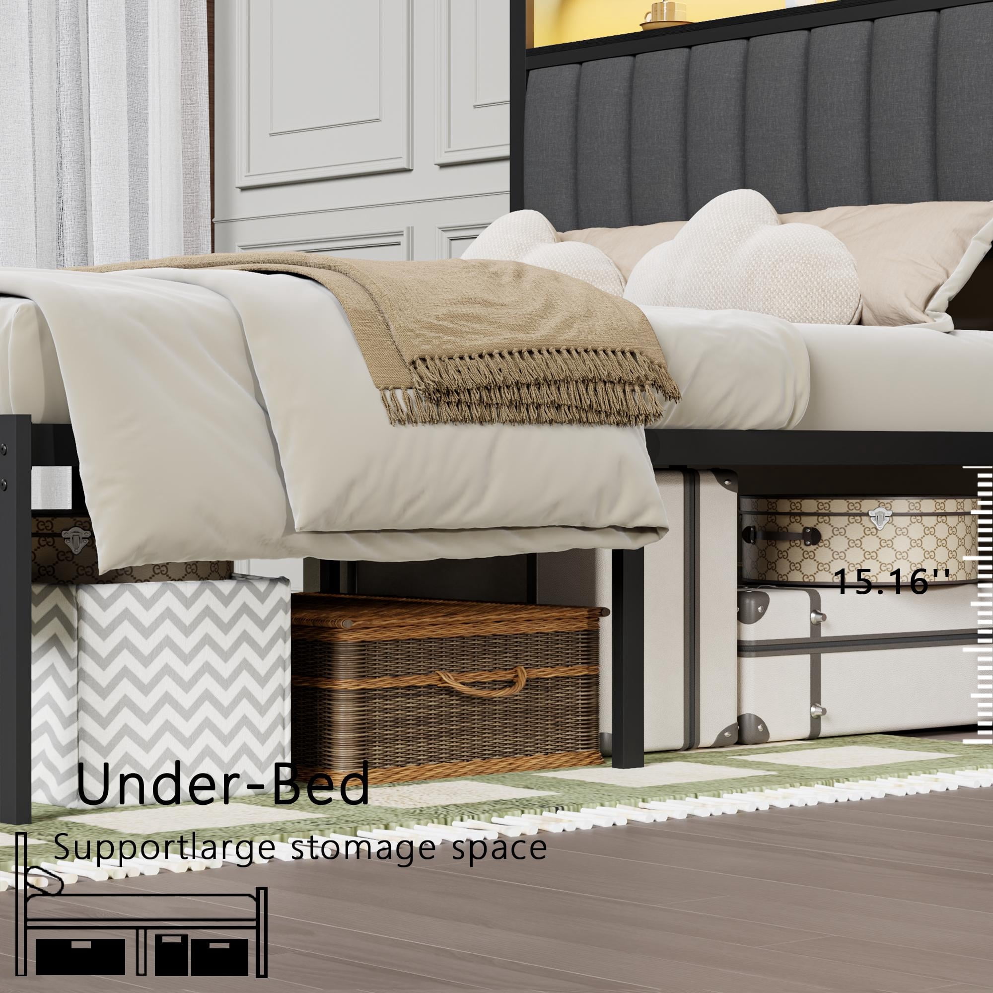 Tydimor Queen Size Platforrm Bed Frame with Charging Station, LED Standard Storage Space Bed for Bedroom, No Box Spring Needed
