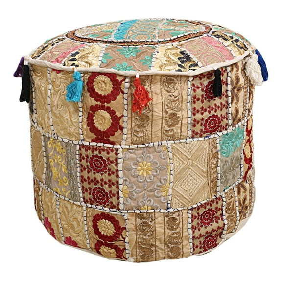 DK Homewares Indian Vintage Patchwork Pouffe Foot Rest White Round Foot Stool Decorative Tuffet Cotton Embroidered Hassock Pouf Ottoman Cover Floral Traditional 22x22x14 Inch - COVER ONLY