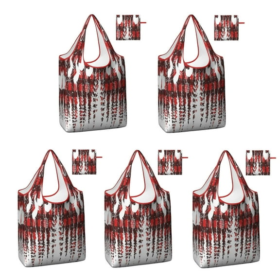 5 Pack Foldable Shopping Bag,Red Christmas Pattern Reusable Grocery Bags with Pockets,Large Reusable Tote Bags with Handles Waterproof & Lightweight