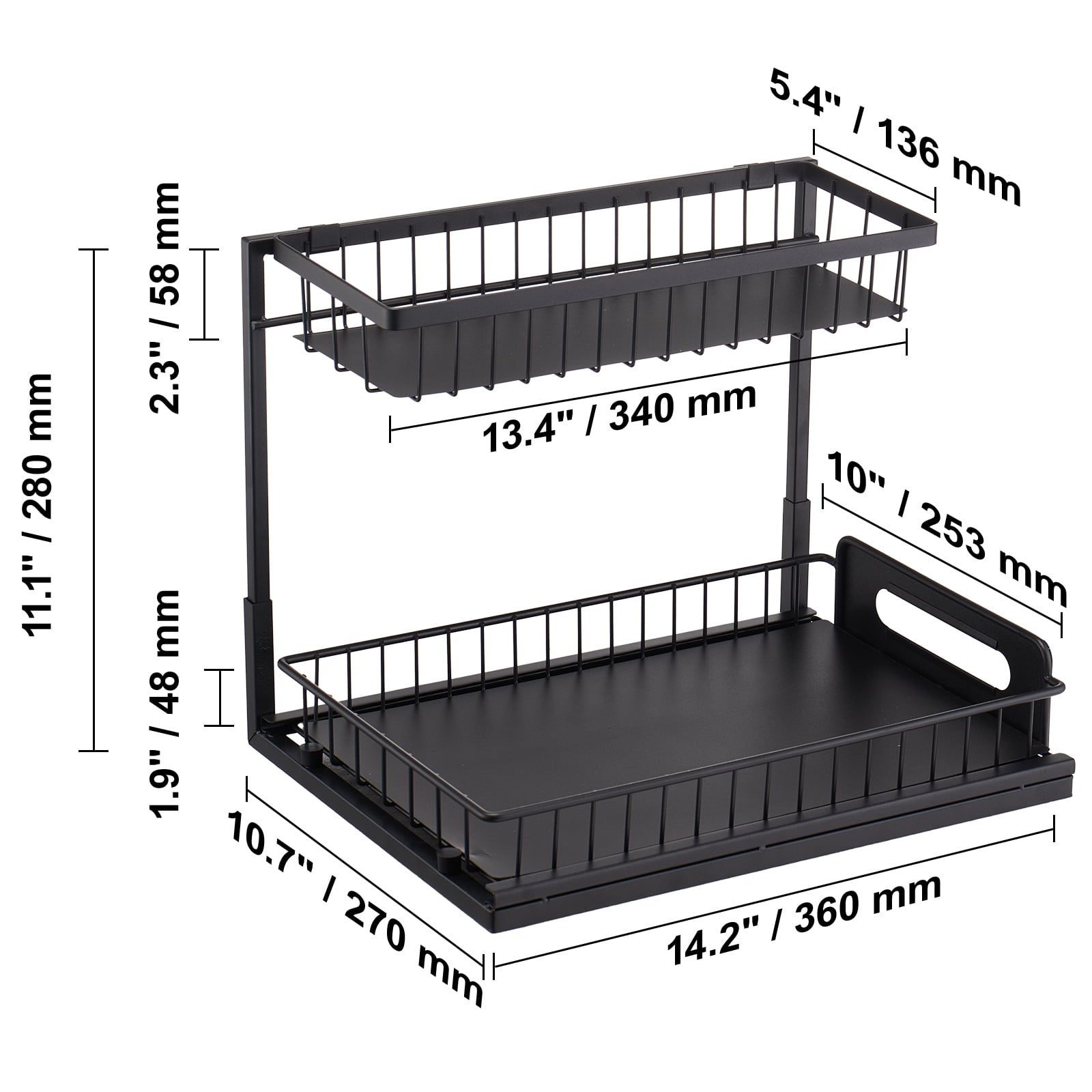 VEVOR 2 Tier Pull Out Cabinet Organizer(10.7"W x 14.2"D ), Under Sink Organizer and Storage, Slide Out Drawer Cabinet Organizer, Wire Basket Sliding Shelf, 12.5"Wx15.5"Dx13"H Install Size for Cabinet
