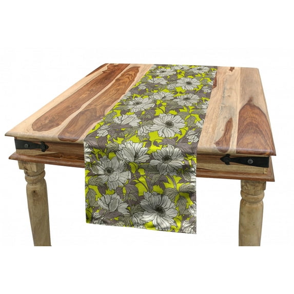 Floral Table Runner, Greyscale Poppy Blossoming Field on Meadow Valley Retro Tones, Dining Room Kitchen Rectangular Runner, 3 Sizes, by Ambesonne
