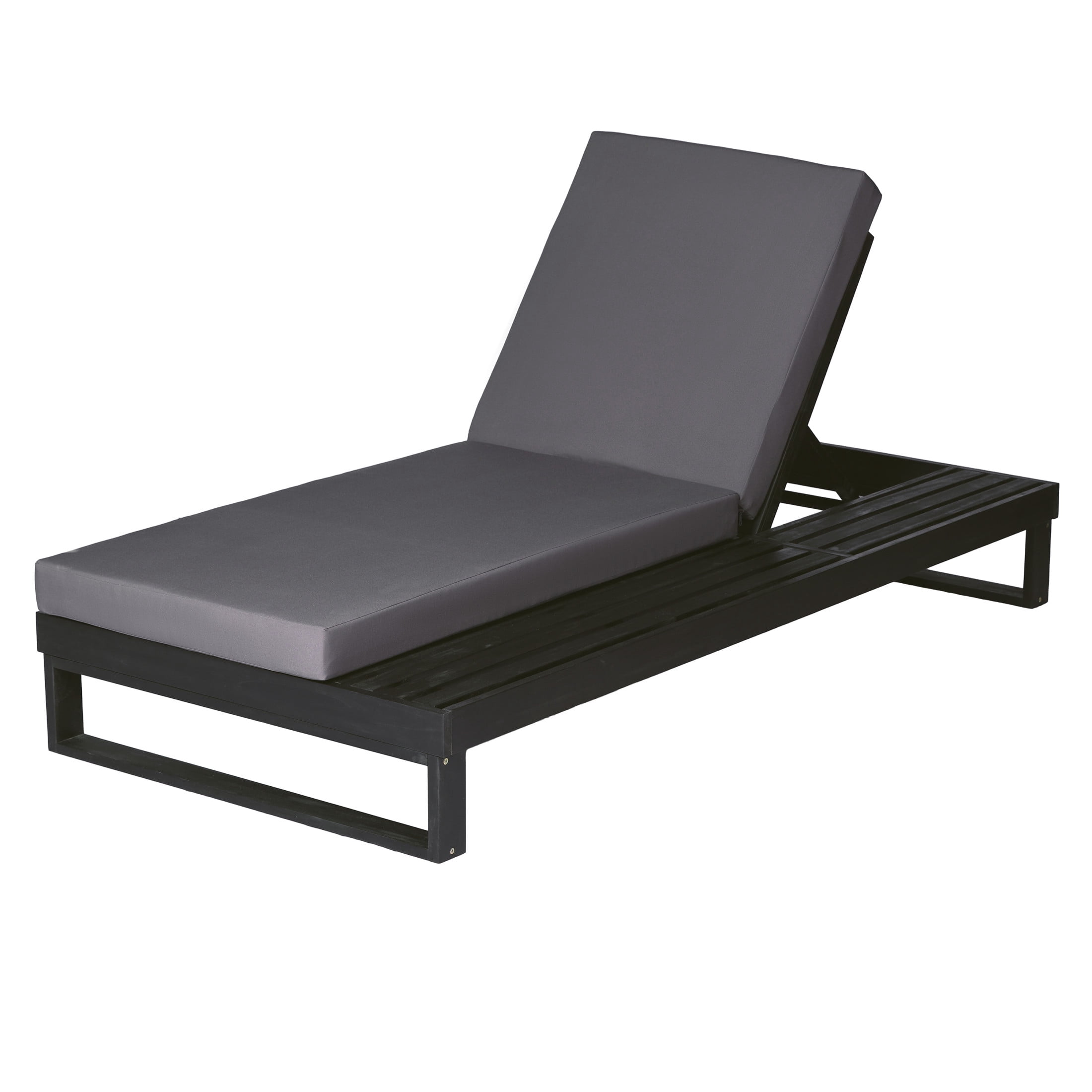 Christopher Knight Home Acacia Wood Chaise Lounge with Cushion, Adjustable Recliner, Black + Dark Gray
