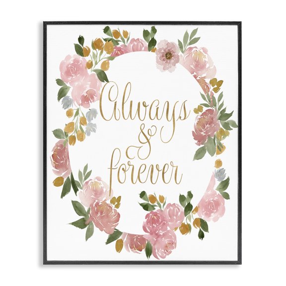Stupell Industries Cottage Always and Forever Love Motivational Pink Rose Wreath Black Framed Giclee Art, 11 x 14, by Lucille Price