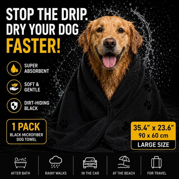 XL Microfiber Dog Bath Towel, 90×60CM Super Absorbent Quick-Drying Pet Grooming Towel for Small, Medium & Large Dogs and Cats, Machine Washable