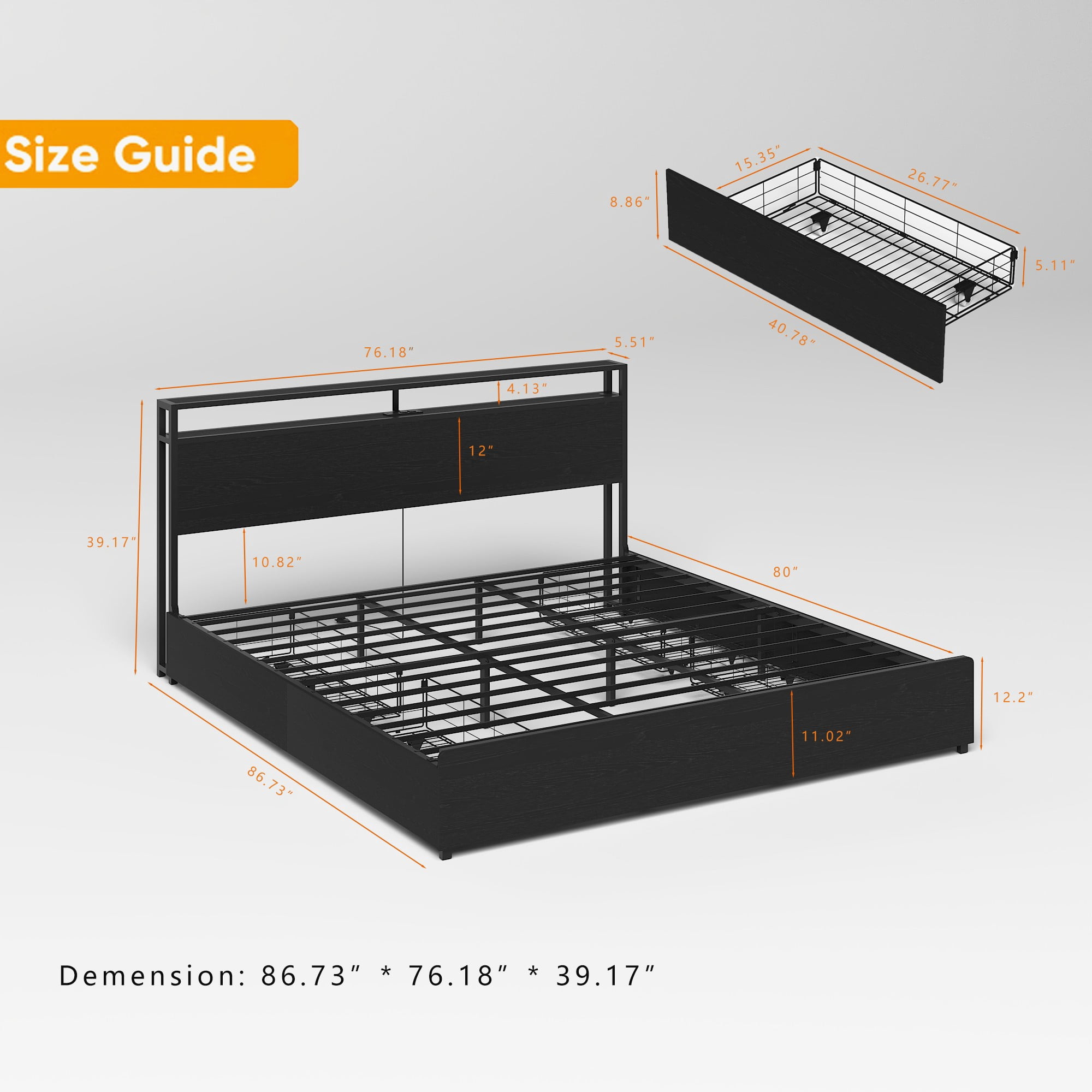AENKYO King Size Bed Frame with LED Lights, Storage Headboard & 4 Drawers, Built-in Charging Station, Antique Black