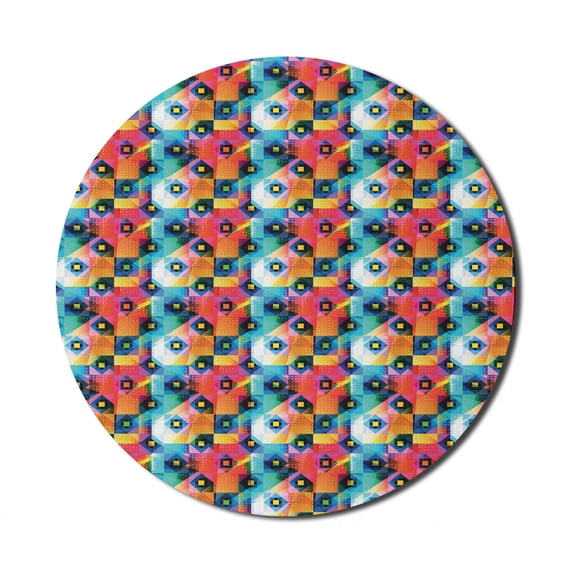 Geometric Mouse Pad for Computers, Abstract Blended Vivid Color Square and Diamond Shapes with Dots and Circles, Round Non-Slip Thick Rubber Modern Gaming Mousepad, 8" Round, Multicolor, by Ambesonne