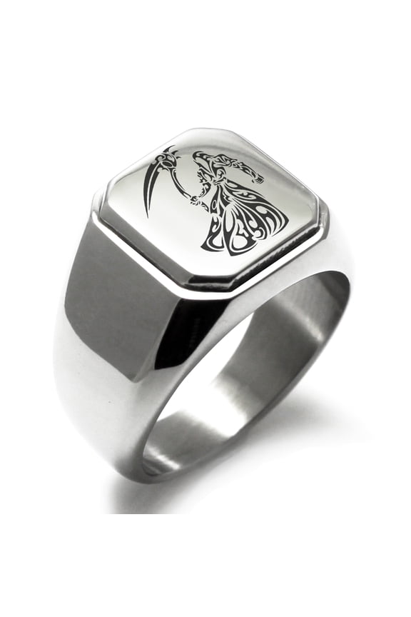 Stainless Steel Harbinger Grim Reaper Engraved Square Flat Top Biker Style Polished Ring
