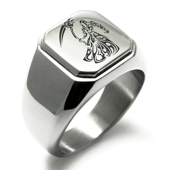 Stainless Steel Harbinger Grim Reaper Engraved Square Flat Top Biker Style Polished Ring