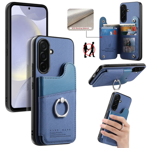 Designed for Samsung Galaxy S25 FE Back Wallet Case with Card Holder Slots, [Rotatable Ring Holder Stand & Secure Grip Ring] [RFID Blocking PU Leather Protection] Shockproof Cover, Blue