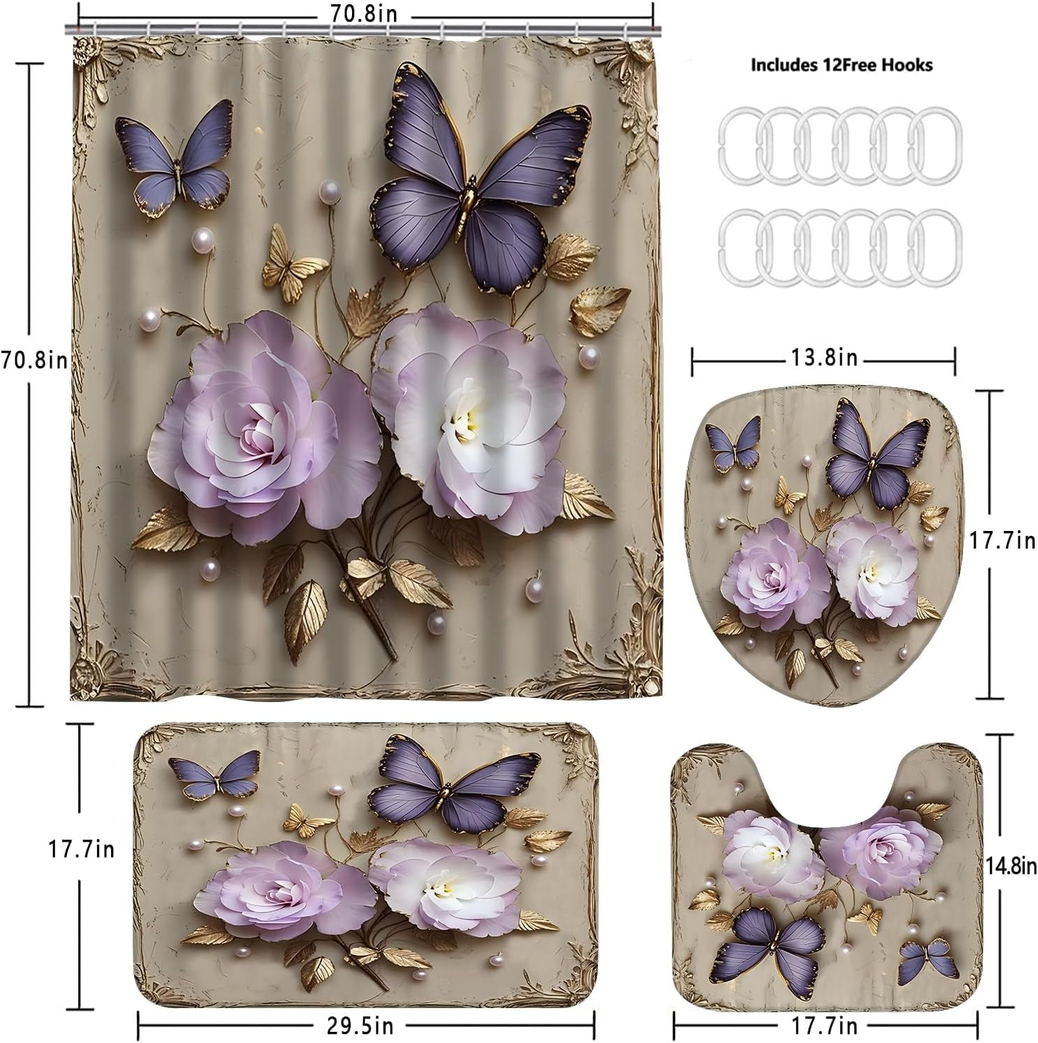 4Pcs Spring Themed Shower Curtain Set with Rugs Vintage Butterflies Bathroom Sets Floral Shower Curtain with 12 Hooks Bathroom Decor with Rugs Bath Accessories with Mats Toilet Lid Cover