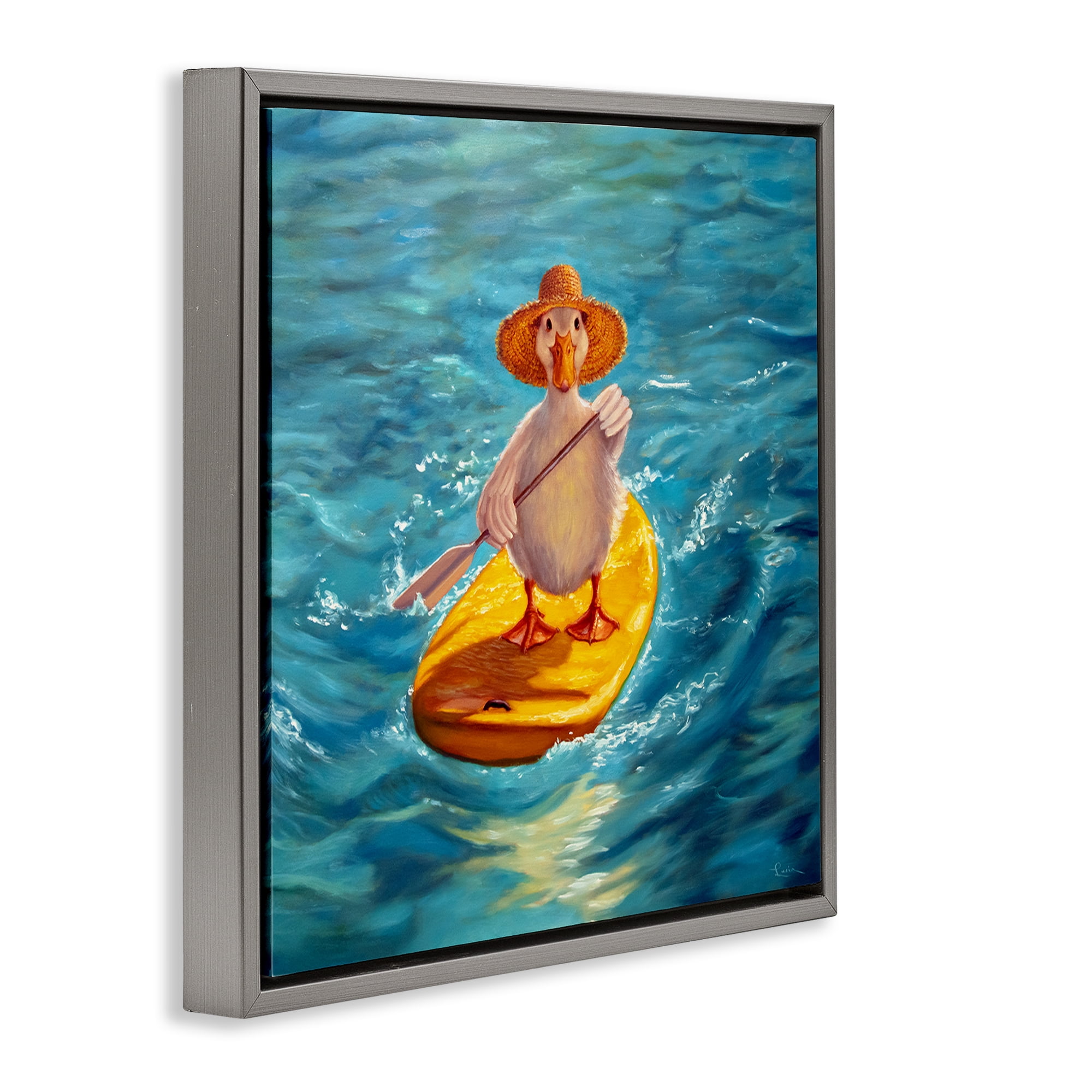 Stupell Industries The Paddler Duck with Straw Hat Gray Framed Floater Canvas Wall Art, design by Lucia Heffernan
