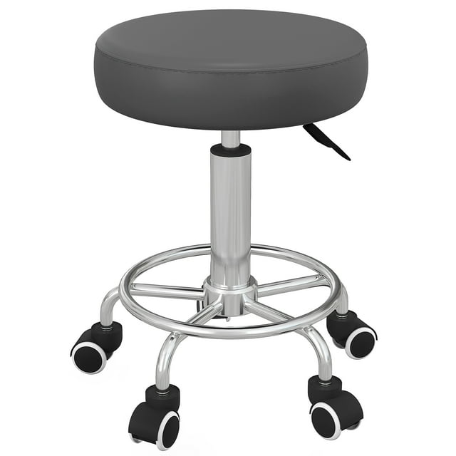 Vinsetto Tabouret de Salon en Cuir PU Gris à Hauteur Réglable avec Rotation à 360° et 5 Roues - Idéal pour Barbiers, Tatoueurs, Esthéticiens, Architectes - Plage de Hauteur de 19 à 25,25 Pouces, Diamètre de 16,5 Pouces