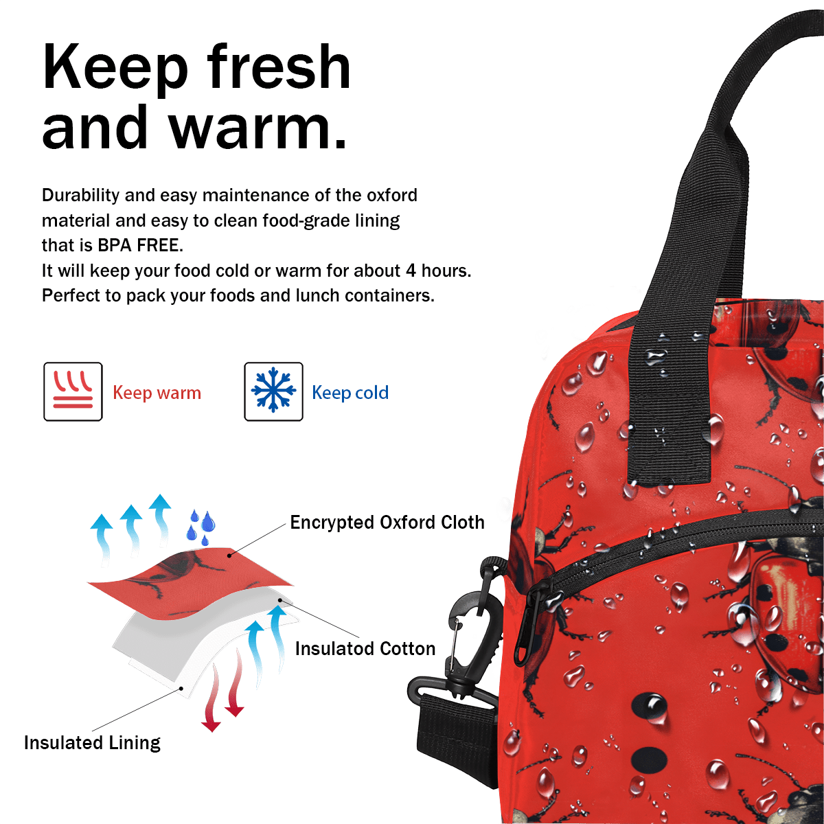 Herdesigns Animal Insulated Lunch Bag for Women Men Adults Large Reusable Lunch Box Cute Ladybugs Leakproof Cooler Tote Bags with Adjustable Shoulder Strap